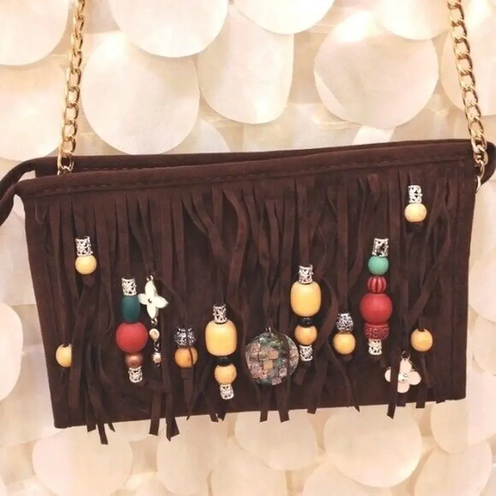 CROSSBODY BROWN Fringed Purse BOHEMIAN Luxury Gold Chain Charms Flower Gypsy NEW